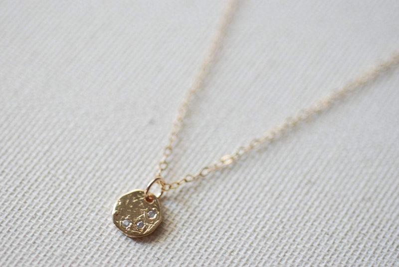 Gold Circle Necklace with Crystals, Make a wish necklace, Crystal Disc Necklace, Simple Dainty Necklace, Etched Disc Necklace - HarperCrown