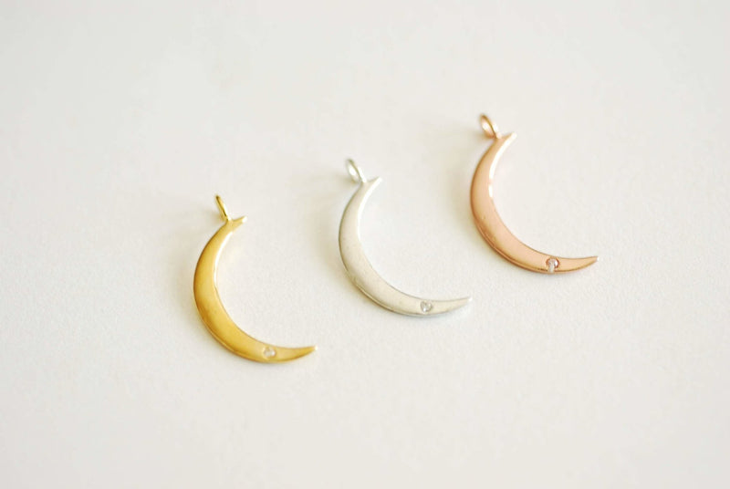 Gold Crescent Moon with Cubic Zirconia Stone- 22k Gold Plated 925 Sterling Silver, Gold Moon with CZ Accent, Pave Horn, Attached Bail, 366 - HarperCrown