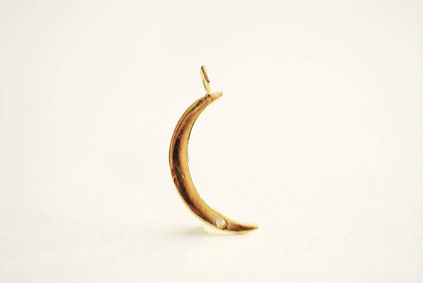 Gold Crescent Moon with Cubic Zirconia Stone- 22k Gold Plated 925 Sterling Silver, Gold Moon with CZ Accent, Pave Horn, Attached Bail, 366 - HarperCrown