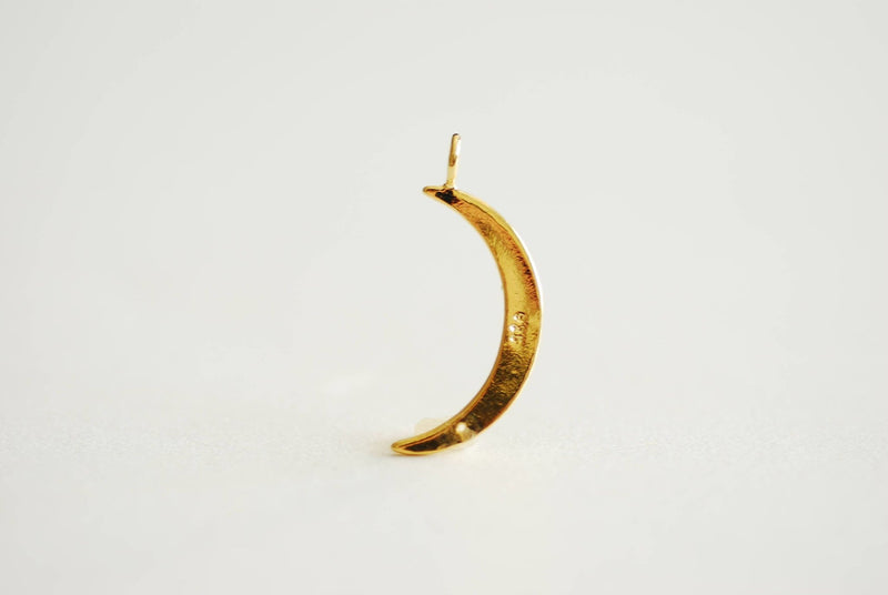 Gold Crescent Moon with Cubic Zirconia Stone- 22k Gold Plated 925 Sterling Silver, Gold Moon with CZ Accent, Pave Horn, Attached Bail, 366 - HarperCrown