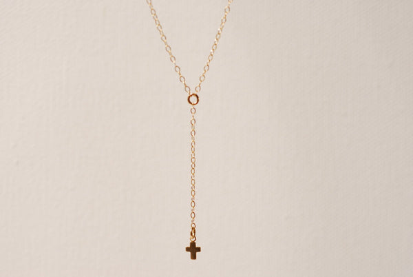 Gold Cross Rosary Lariat Necklace, 14k gold filled Cross, Gold Cross Necklace, Communion Gift, Bridesmaid Jewelry,dainty rosary - HarperCrown