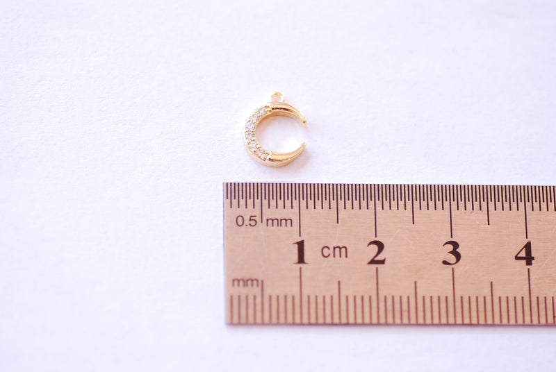 Gold Cubic Zirconia Crescent Moon Charm - 16k Gold Plated Brass Micro Pave Half Moon Night Celestial Wholesale B179 - HarperCrown