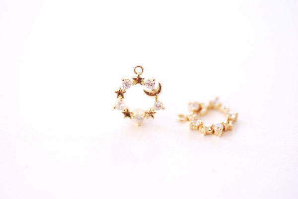 Gold Cubic Zirconia Crescent Moon with Stars Charm - 16k Gold Plated Brass Micro Pave Half Moon Celestial Connected Stars Wholesale B153 - HarperCrown