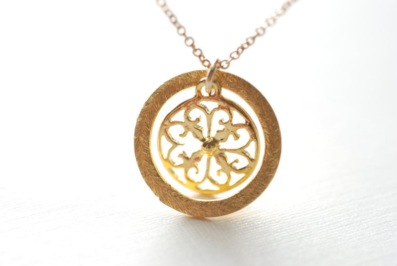 Gold Disc Necklace- Layering Disc Layering Necklace, Gold Filigree Necklace, Round Circle Pendant, Dainty Necklace by Heirloomenvy - HarperCrown