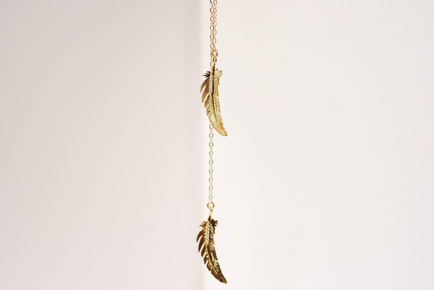 Gold Double Feather Lariat Necklace, 16k gold Feathers,Cubic Zirconia Feathers,Tribal Feathers Necklace,Feather Lariat,gold feather necklace - HarperCrown