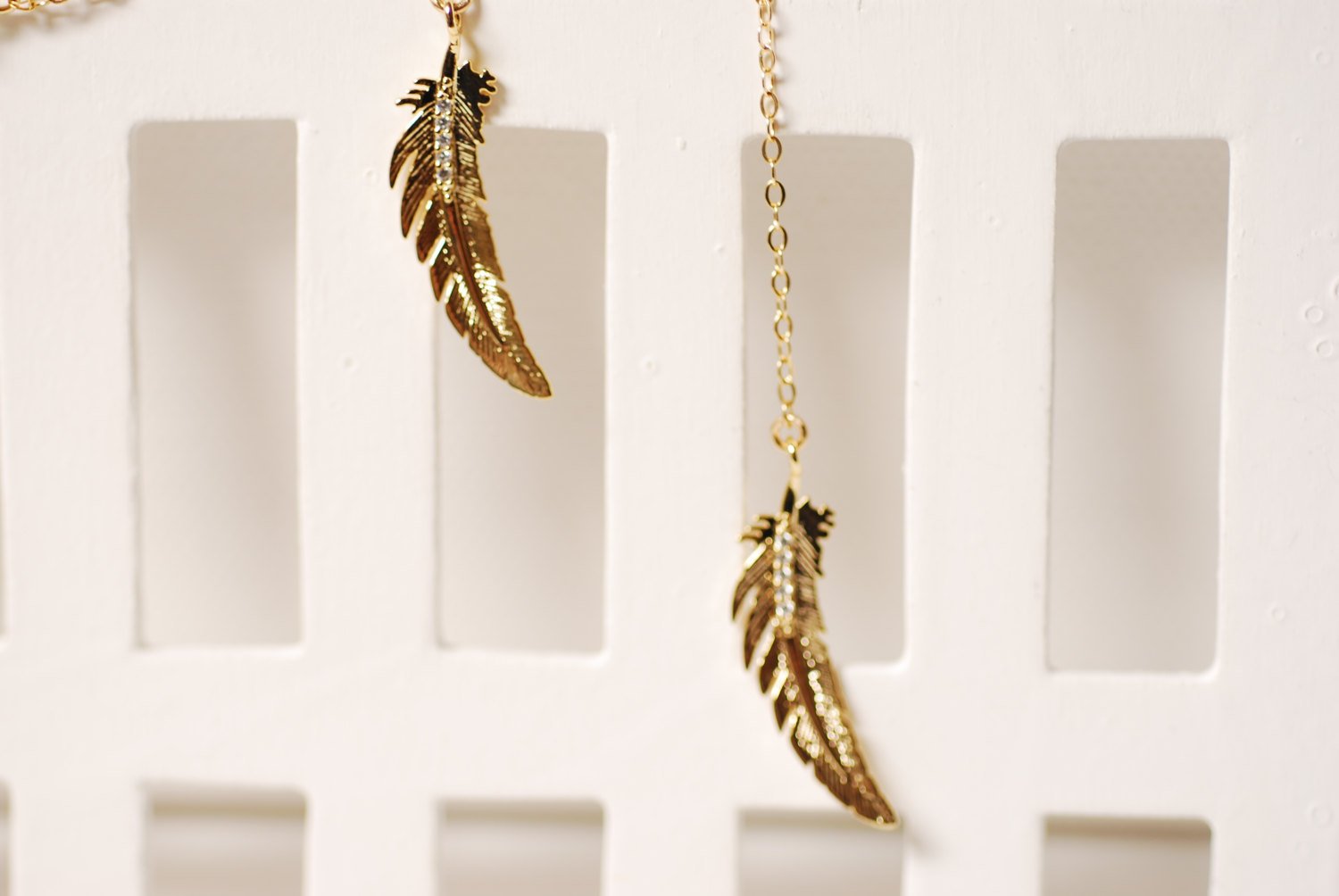 Gold Double Feather Lariat Necklace, 16k gold Feathers,Cubic Zirconia Feathers,Tribal Feathers Necklace,Feather Lariat,gold feather necklace - HarperCrown