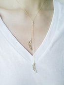 Gold Double Feather Lariat Necklace, 16k gold Feathers,Cubic Zirconia Feathers,Tribal Feathers Necklace,Feather Lariat,gold feather necklace - HarperCrown