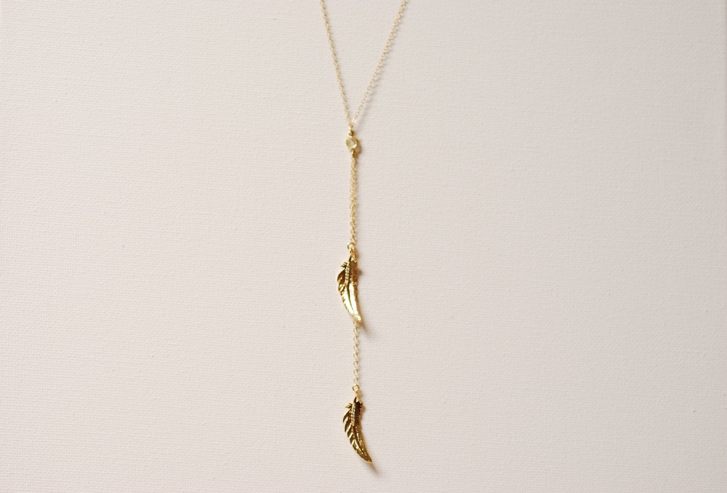 Gold Double Feather Lariat Necklace, 16k gold Feathers,Cubic Zirconia Feathers,Tribal Feathers Necklace,Feather Lariat,gold feather necklace - HarperCrown