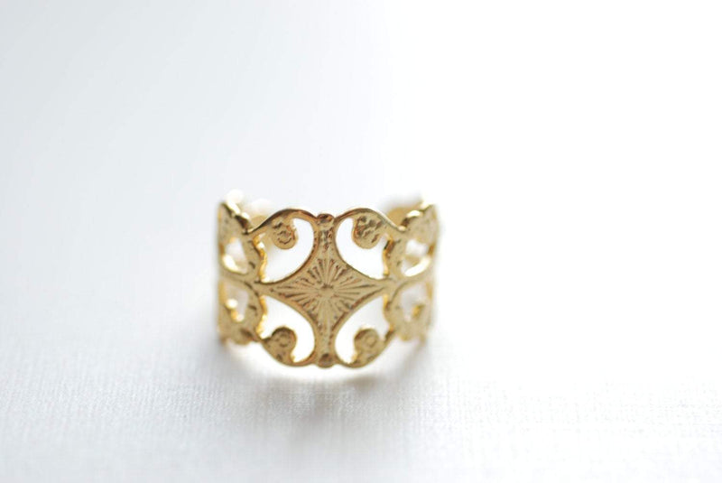 Gold Filigree Ring Adjustable,18k gold ring, art deco ring, filigree ring, gold adjustable ring, Stacking Ring, Midi RIng - HarperCrown