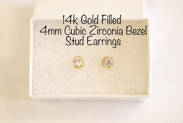 Gold Filled 4mm Cubic Zirconia White Round Bezel Solitaire Post Earrings Gold Filled CZ Stud Earrings Dainty Circle Studs [Earrings09] - HarperCrown