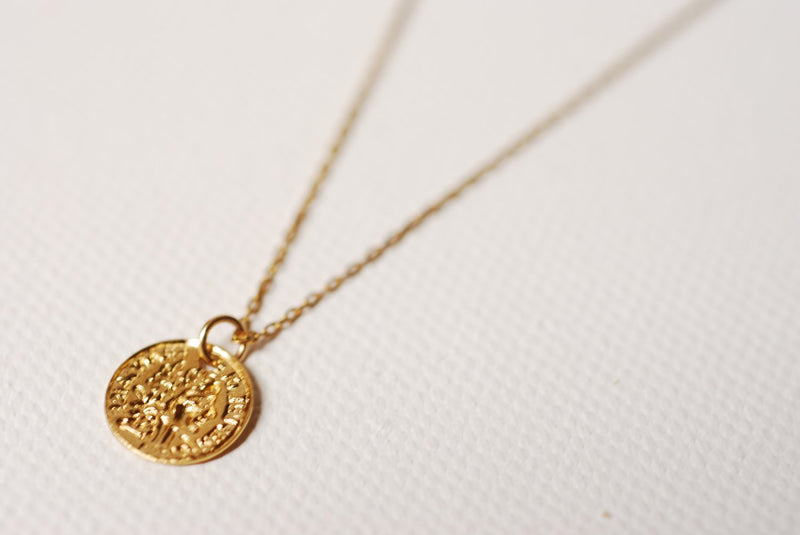 Gold Greek Coin Circle Necklace,18k gold coin, Minimalist Coin Necklace, Gold Coin Pendant,gold disc necklace,textured disc necklace - HarperCrown