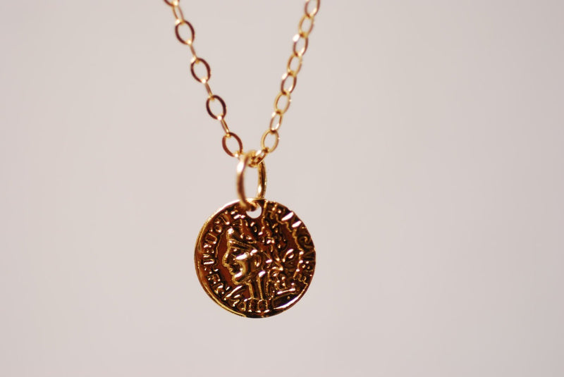 Gold Greek Coin Circle Necklace,18k gold coin, Minimalist Coin Necklace, Gold Coin Pendant,gold disc necklace,textured disc necklace - HarperCrown