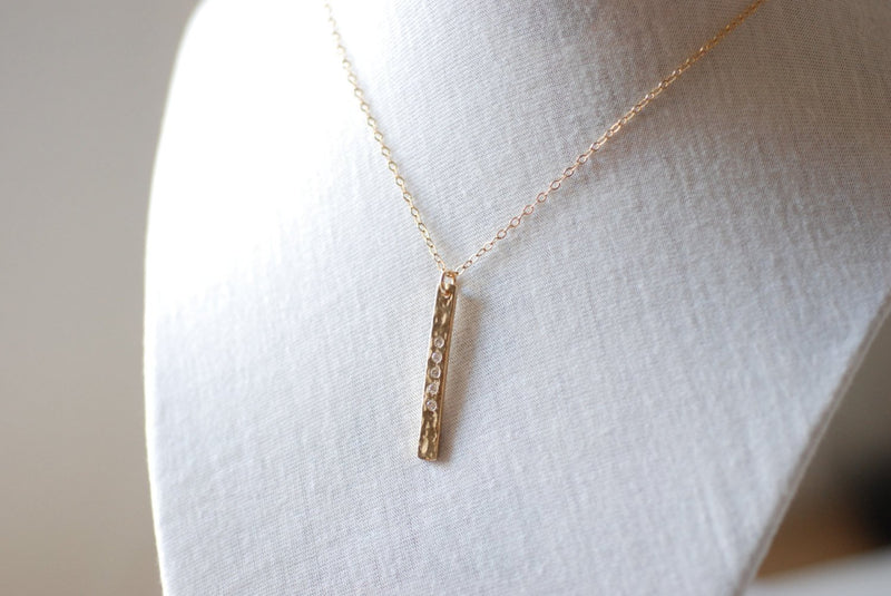 Gold Hammered Bar Necklace, Rectangle Necklace, Gold Bar Necklace, Gold Pave Bar Necklace, Dainty Jewelry by HeirloomEnvy - HarperCrown