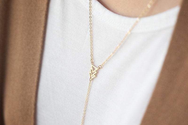 Gold Lariat Necklace with Triangle and Hamsa, 16k gold Triangle Hamsa, Gold Rope Necklace, Geometric Necklace, Minimalist Necklace - HarperCrown