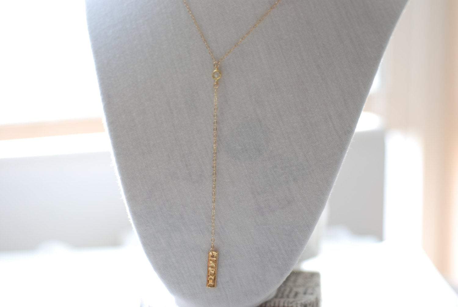 Gold Lariat Necklace, Y Gold filled Necklace, Cz Diamond Necklace, Bar Lariat Necklace - HarperCrown