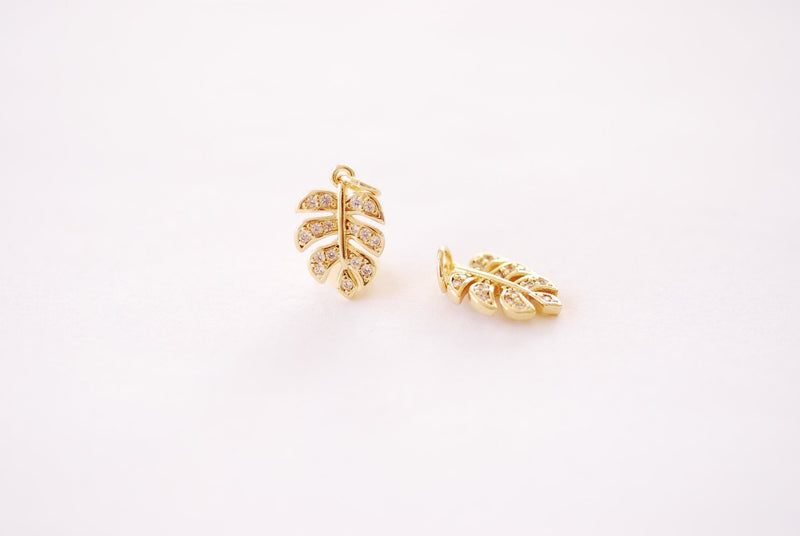 Gold Micro Pave Monstera Leaf Charm - 16k gold plated over Brass Monstera Tropical Leaf with Rhinestones HarperCrown Wholesale Charms B117 - HarperCrown