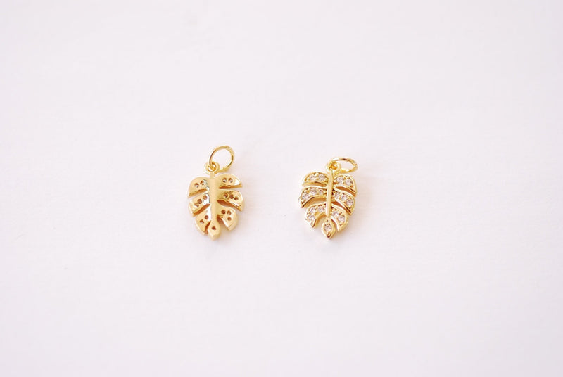 Gold Micro Pave Monstera Leaf Charm - 16k gold plated over Brass Monstera Tropical Leaf with Rhinestones HarperCrown Wholesale Charms B117 - HarperCrown