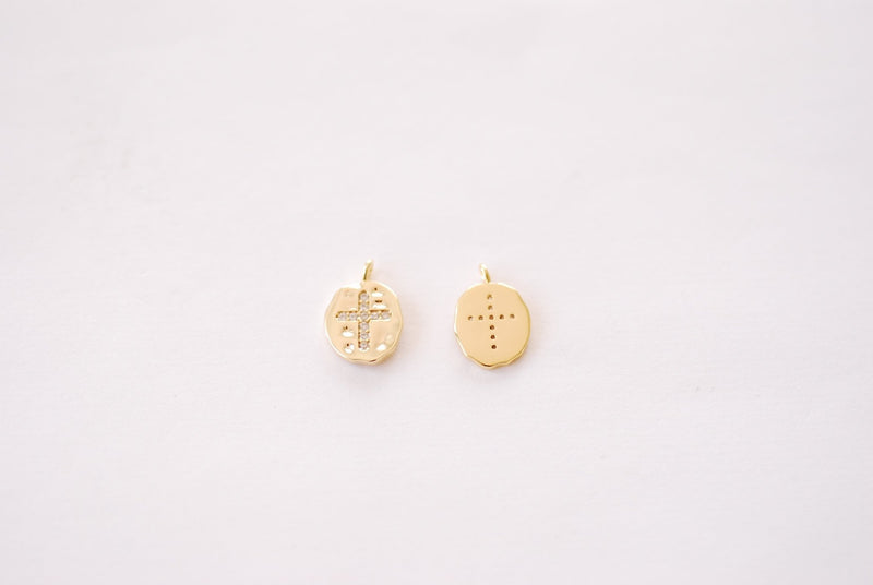 Gold Oval Cubic Zirconia Cross Charm - 16k gold plated over Brass Micro Pave Religious Cross Charm HarperCrown Wholesale Charms B123 - HarperCrown