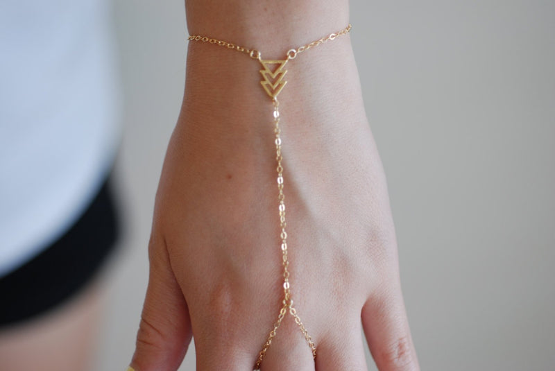 Gold Triangle Hand Chain Bracelet,Chevron Hand Chain Bracelet,gold finger bracelet,Gold Hand Chain,Tri Delta,Harem Bracelet - HarperCrown