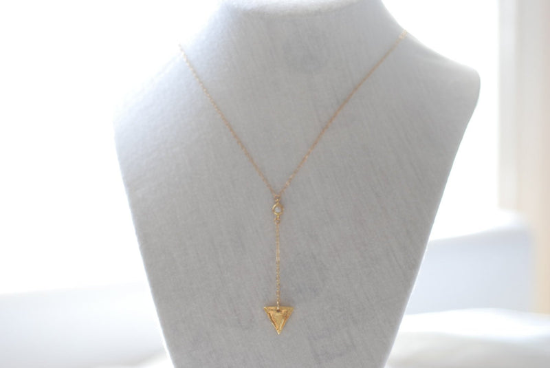 Gold Triangle Necklace, Triangle Lariat Necklace, Gold Bar Lariat, Dainty Everyday Necklace - HarperCrown