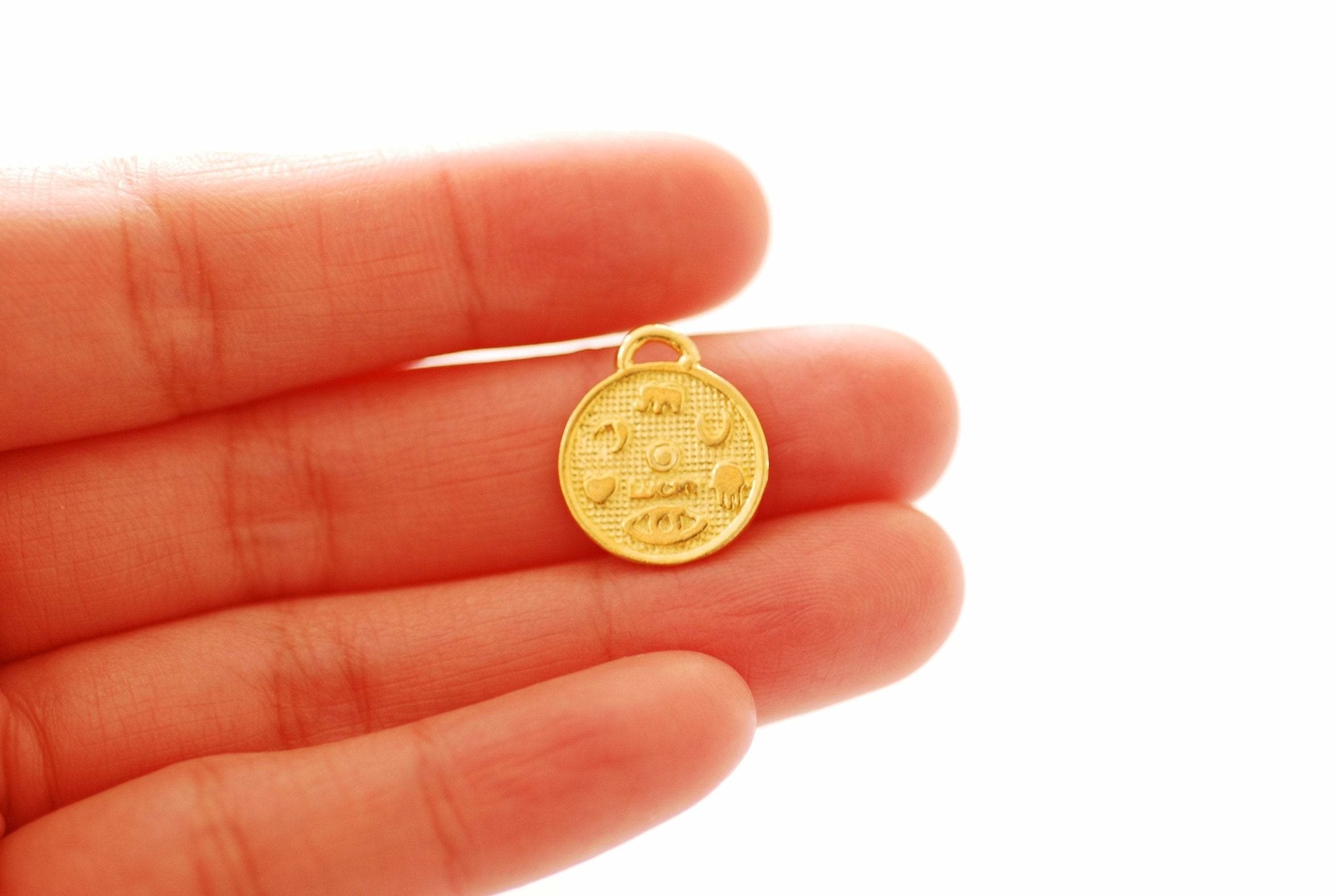 Good Luck Charm Vermeil Gold or Sterling Silver Round Hamsa Hand Evil Eye Elephant Horseshoe Heart Crescent Moon Protection Charm Coin[J326] - HarperCrown