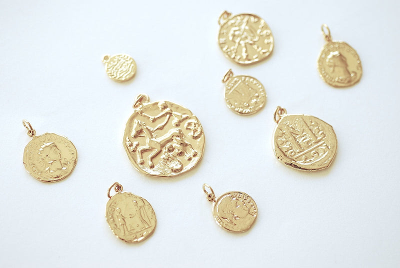 Greek Coin Charm Pendant- Vermeil Gold 22k Gold plated over 925 Sterling Silver, Greek Coins, Spanish Coins, Ancient Roman Coin, Medallion - HarperCrown