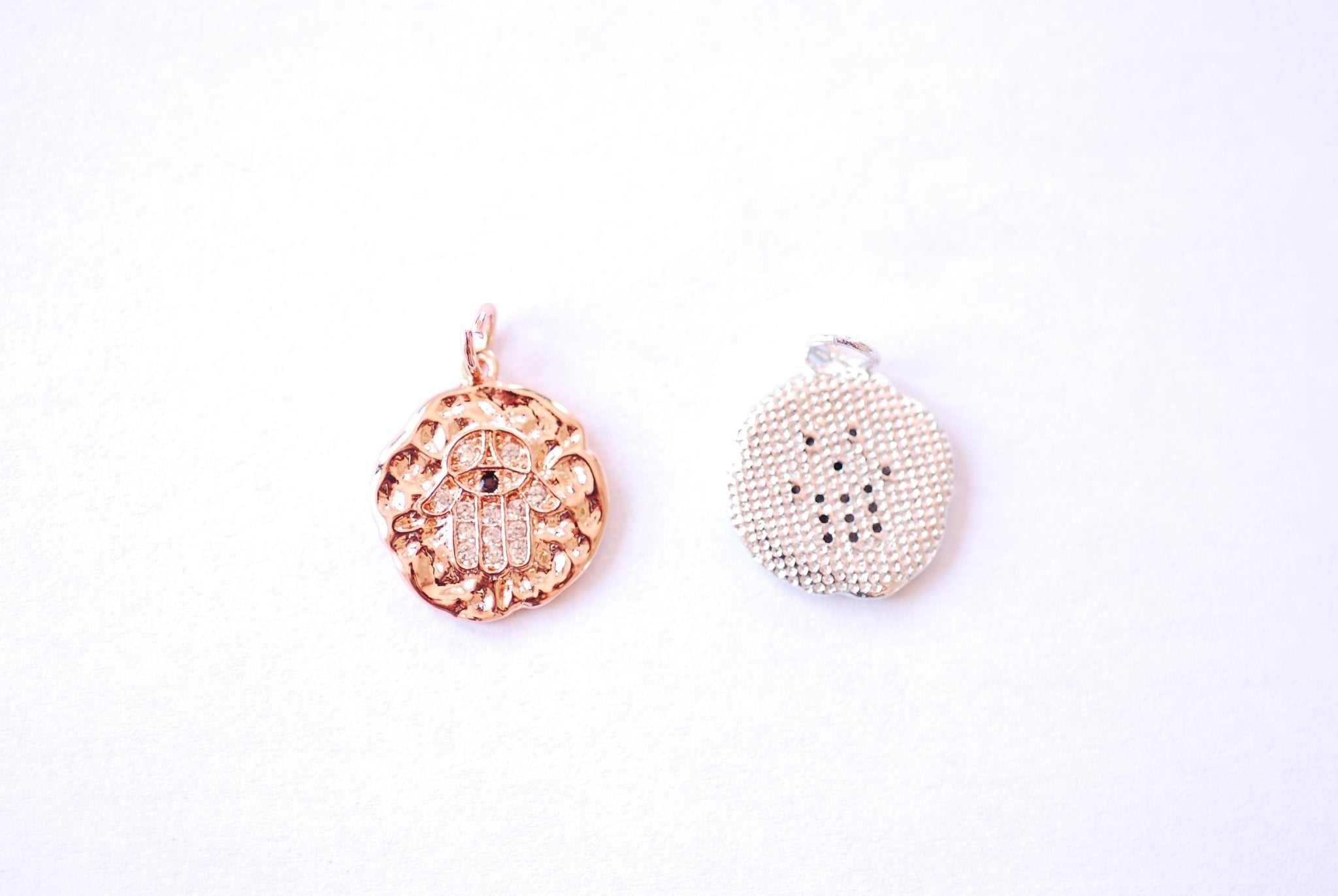 Hamsa Hand Micro Pave CZ Round Textured Charm - Cubic Zirconia Hand of Fatima Yoga Ohm Evil Eye HarperCrown Wholesale B154 - HarperCrown