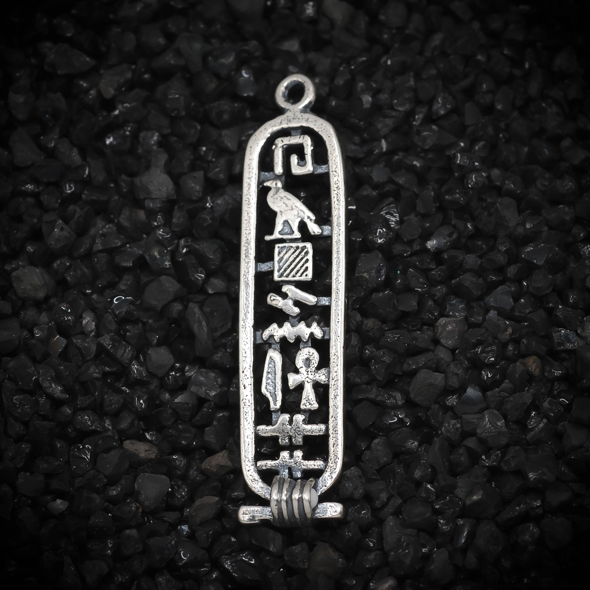 "Happiness" Cartouche Hieroglyph Ancient Egyptian Charm | 925 Sterling Silver, Oxidized or 18K Gold Plated | Jewelry Making Pendant - HarperCrown