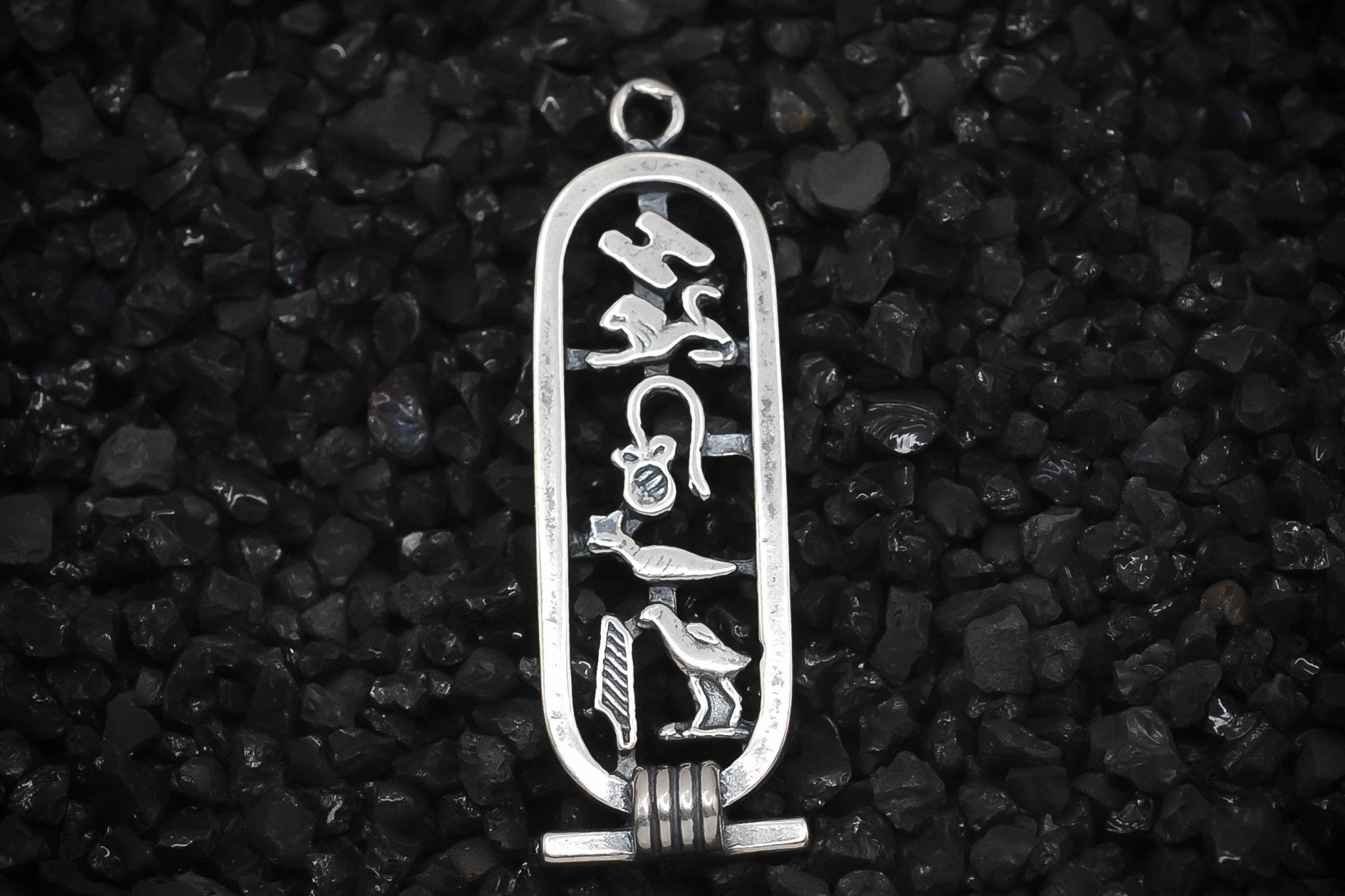"I Love You" Cutout Cartouche Hieroglyph Ancient Egyptian Charm | 925 Sterling Silver, Oxidized or 18K Gold Plated | Jewelry Making Pendant - HarperCrown