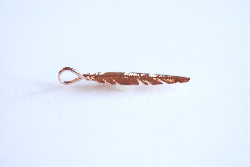 Pink Rose Wholesale Gold Vermeil Feather Charm- 22k rose gold plated sterling silver feather pendant, tribal bird feather, Rose Gold Feather Leaf, 9