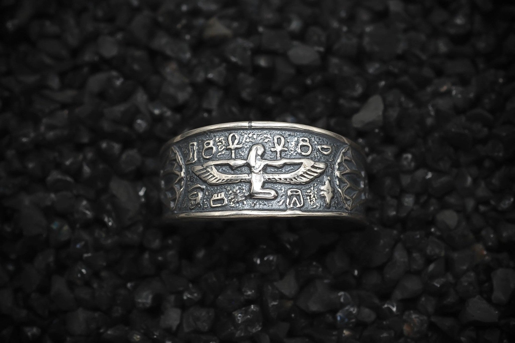 Isis Nut Ring Lotus and Ankh Egyptian | 925 Sterling Silver, Oxidized or 18K Gold Plated | Adjustable Size - HarperCrown