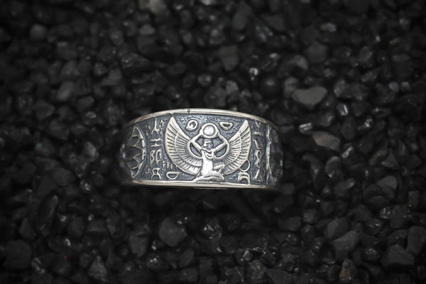 Isis Nut Ring Lotus and Ankh Egyptian | 925 Sterling Silver, Oxidized or 18K Gold Plated | Adjustable Size - HarperCrown