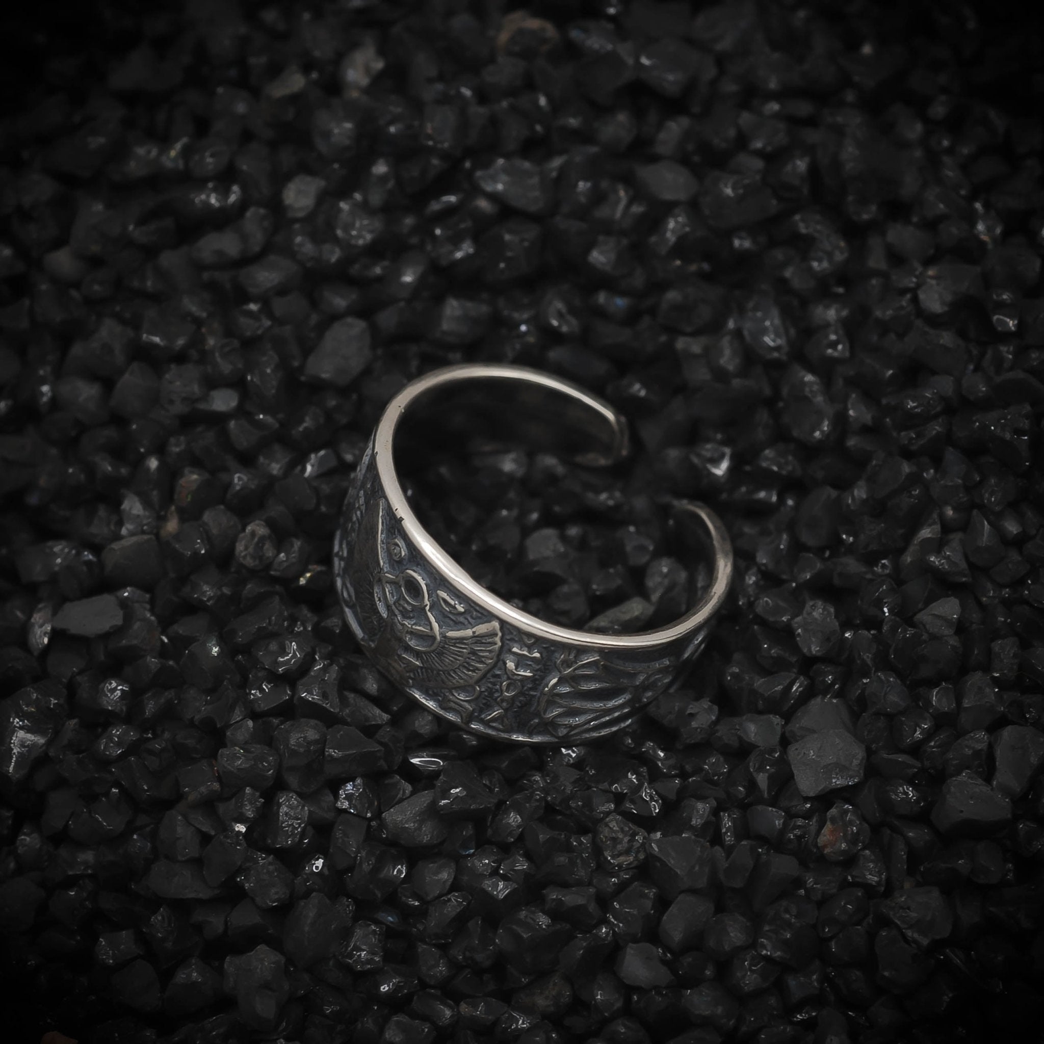 Isis Nut Ring Lotus and Ankh Egyptian | 925 Sterling Silver, Oxidized or 18K Gold Plated | Adjustable Size - HarperCrown
