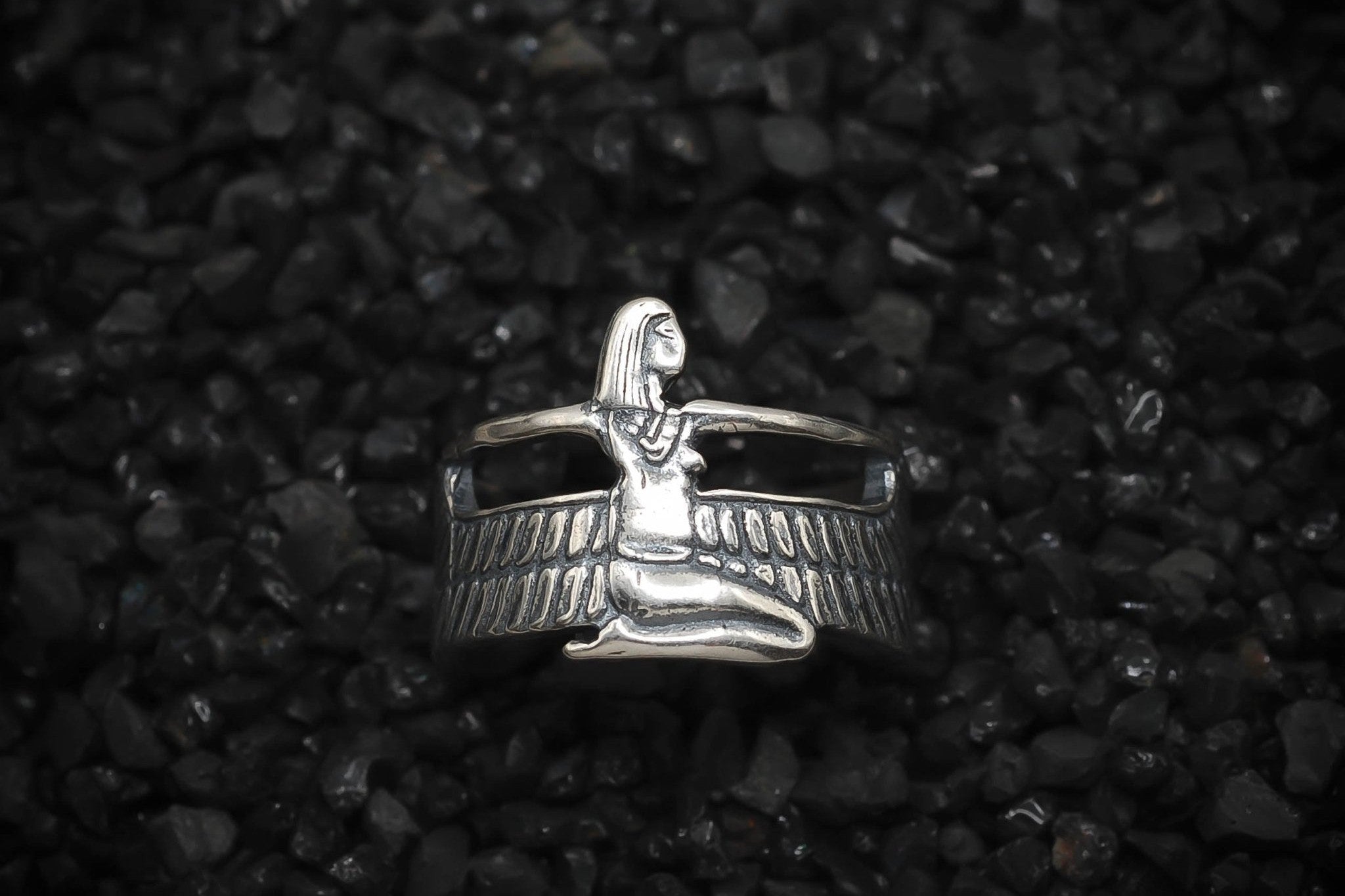 Isis Nut Ring Winged Goddess of the Sky Wrap Ring Ancient Egyptian | 925 Sterling Silver, Oxidized or 18K Gold Plated | Adjustable Size - HarperCrown
