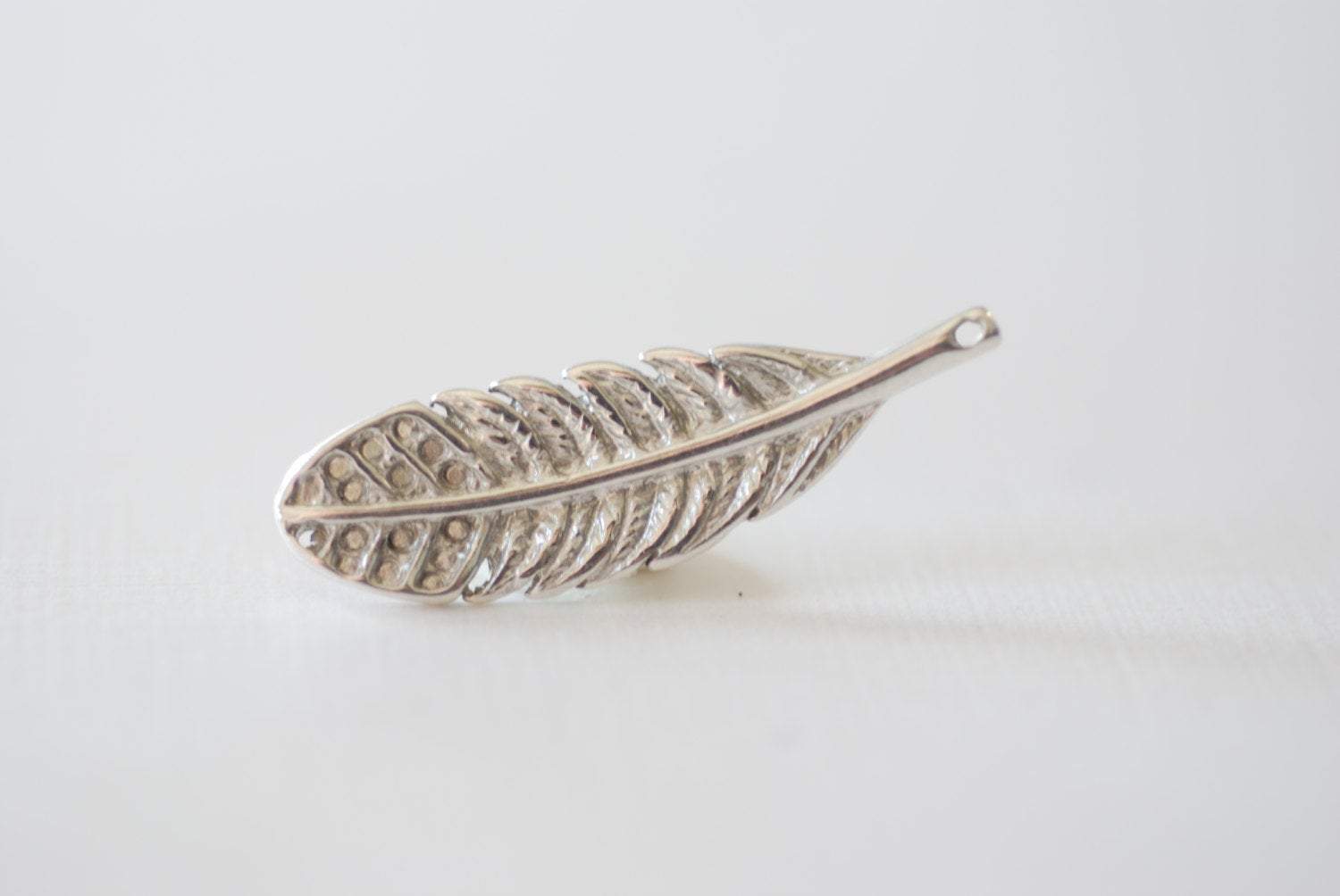 Large 925 sterling silver Fern Feather Leaf Charm - botanical nature silver pendant, silver large feather, Sterling Silver feather connector - HarperCrown