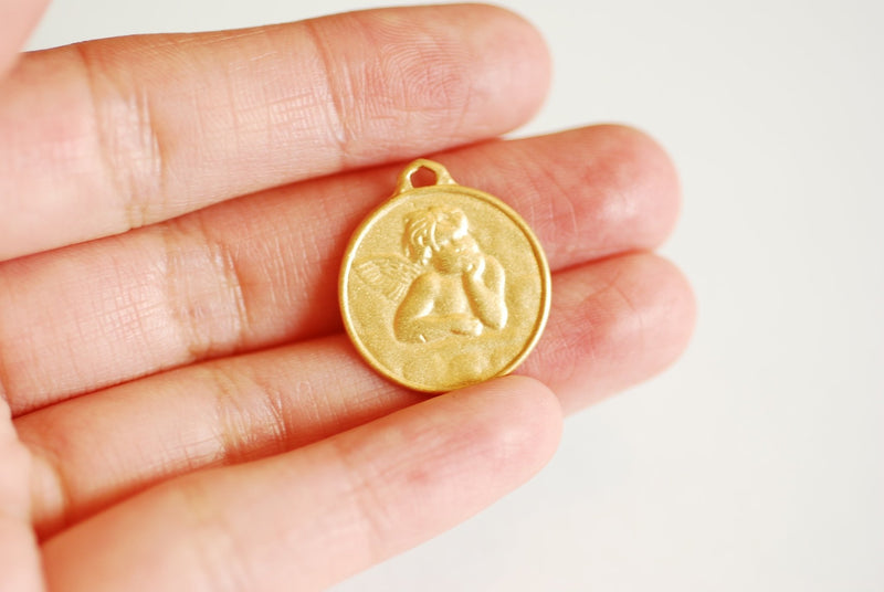 Large Angel Face Vermeil Gold Round Charm - gold disc, angelic cupid with wings pendant, circle disk, Angel Charm Pendant, Coin Charm, 408 - HarperCrown