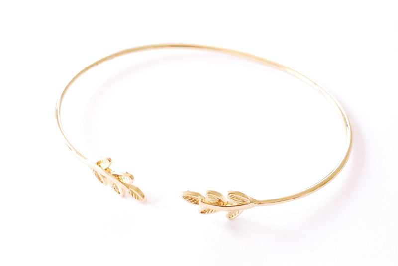 Leaf Bracelet | 18k Gold Plated over Brass | Adjustable Leaf Bangle Cuff Open Dainty Pendant HarperCrown Wholesale B345 - HarperCrown