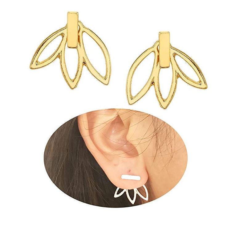 Lotus Flower Ear Jacket Earrings- Choose Sterling Silver, Gold, Rose Gold, front back earrings, Lotus flower stud earrings, bar earrings - HarperCrown