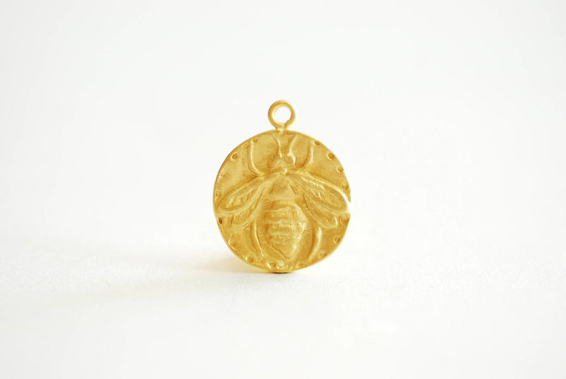 Matte Gold Bee Charm- Vermeil Gold, Silver Bumblebee, Honeybee, Queen Bee, Coin Disc Charm, Silver Charm, Gold Charm, Large Bee Pendant, 374 - HarperCrown