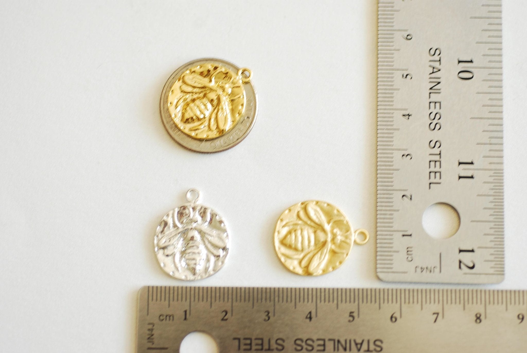 Matte Gold Bee Charm- Vermeil Gold, Silver Bumblebee, Honeybee, Queen Bee, Coin Disc Charm, Silver Charm, Gold Charm, Large Bee Pendant, 374 - HarperCrown