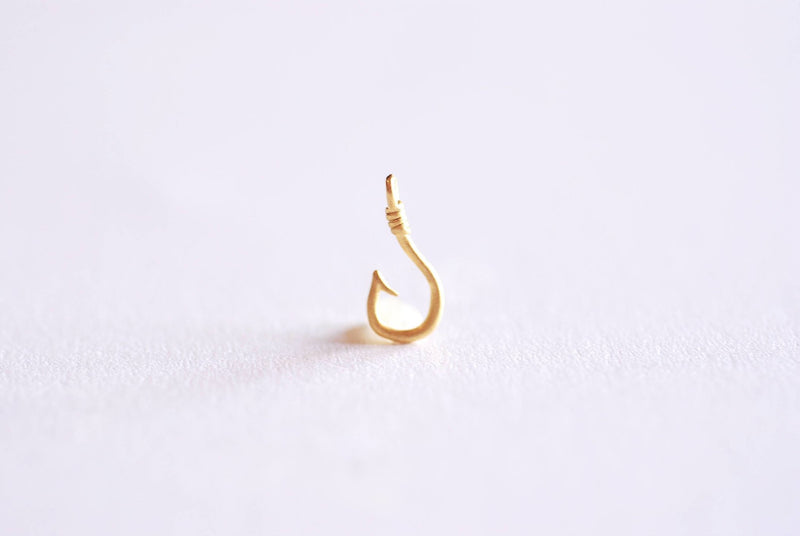Matte Gold Fish Hook Charm Pendant- Vermeil 22k Gold plated Sterling Silver, Fishing Hook, Nautical Charm, Fish Hook Connector, Anchor, 363 - HarperCrown