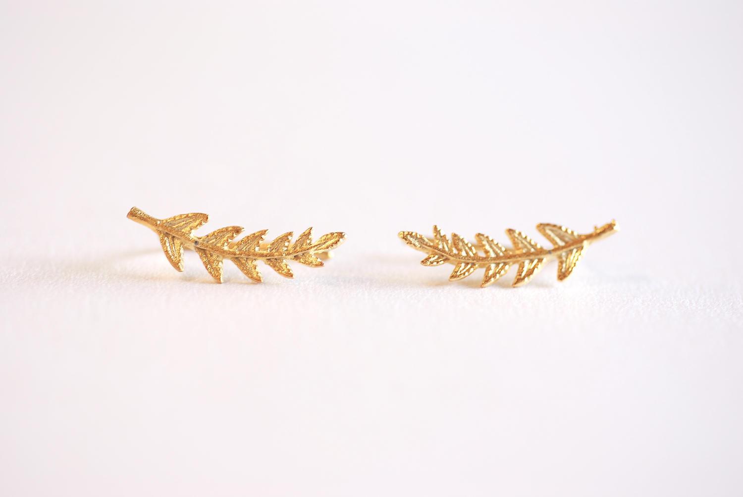 Matte Gold Leaf Ear Climber- Gold Leaf Ear Cuff, Leaf Earrings Ear Crawler, Gold Ear Climber, Ear Jacket, Leaves Ear Climber Crawler, Jacket - HarperCrown