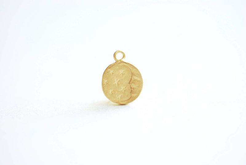 Matte Gold Moon Charm, Vermeil, Moon and Stars, Celestial Charm, Moon with Face Charm, Night Sky, Moon Disc, Round Moon Charm, Stars, 370 - HarperCrown