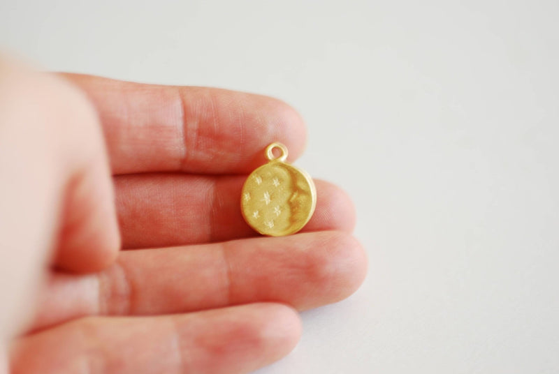Matte Gold Moon Charm, Vermeil, Moon and Stars, Celestial Charm, Moon with Face Charm, Night Sky, Moon Disc, Round Moon Charm, Stars, 370 - HarperCrown