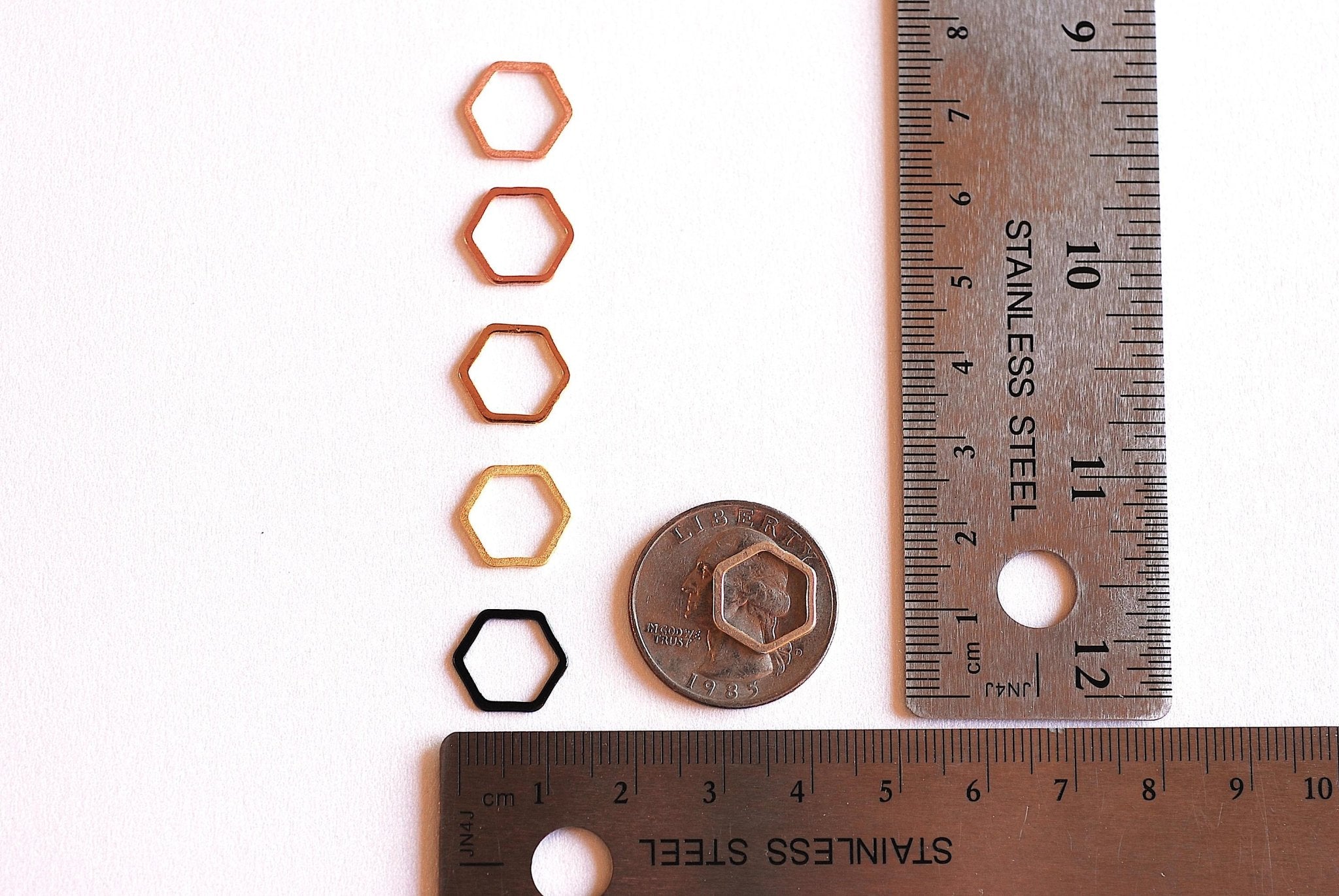 Matte Pink Rose Gold Hexagon Connector Charm- 22k Gold plated Sterling Silver, jump ring, hexagon frame spacer link, honeycomb,Geometric,362 - HarperCrown
