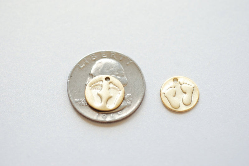 Matte Vermeil Gold Baby Foot Print Disc Charm - 18k Gold Plated Over Sterling Silver, tiny baby feet on round disk, Gold Baby Feet imprint - HarperCrown
