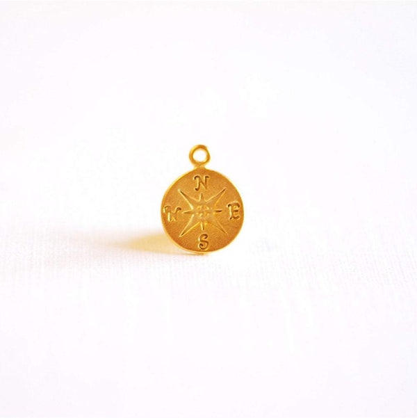 Matte Vermeil Gold Compass Charm- 18k gold plated Compass, Gold Round Disc Charm, True North Charm, Gold North East South West Compass, 301 - HarperCrown