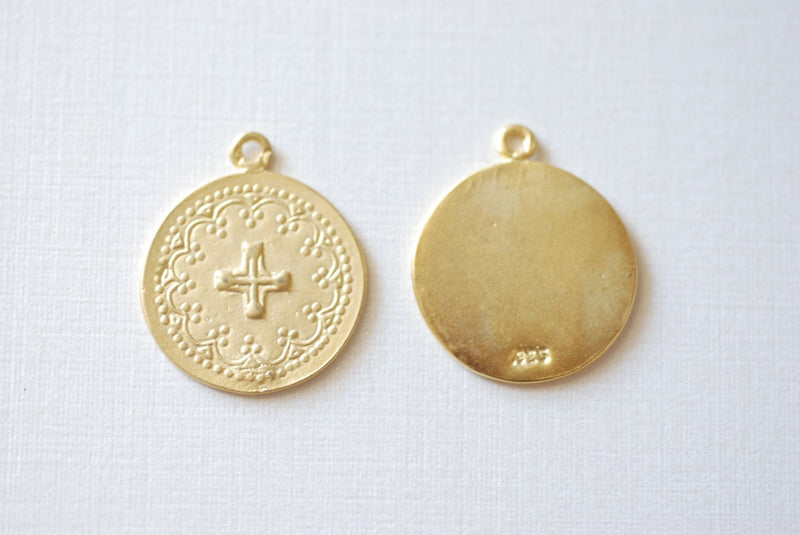 Matte Vermeil Gold Round Cross Pendant - 18k gold plated over sterling silver, Communion Cross, Vermeil Gold Christian Catholic Cross, 215 - HarperCrown