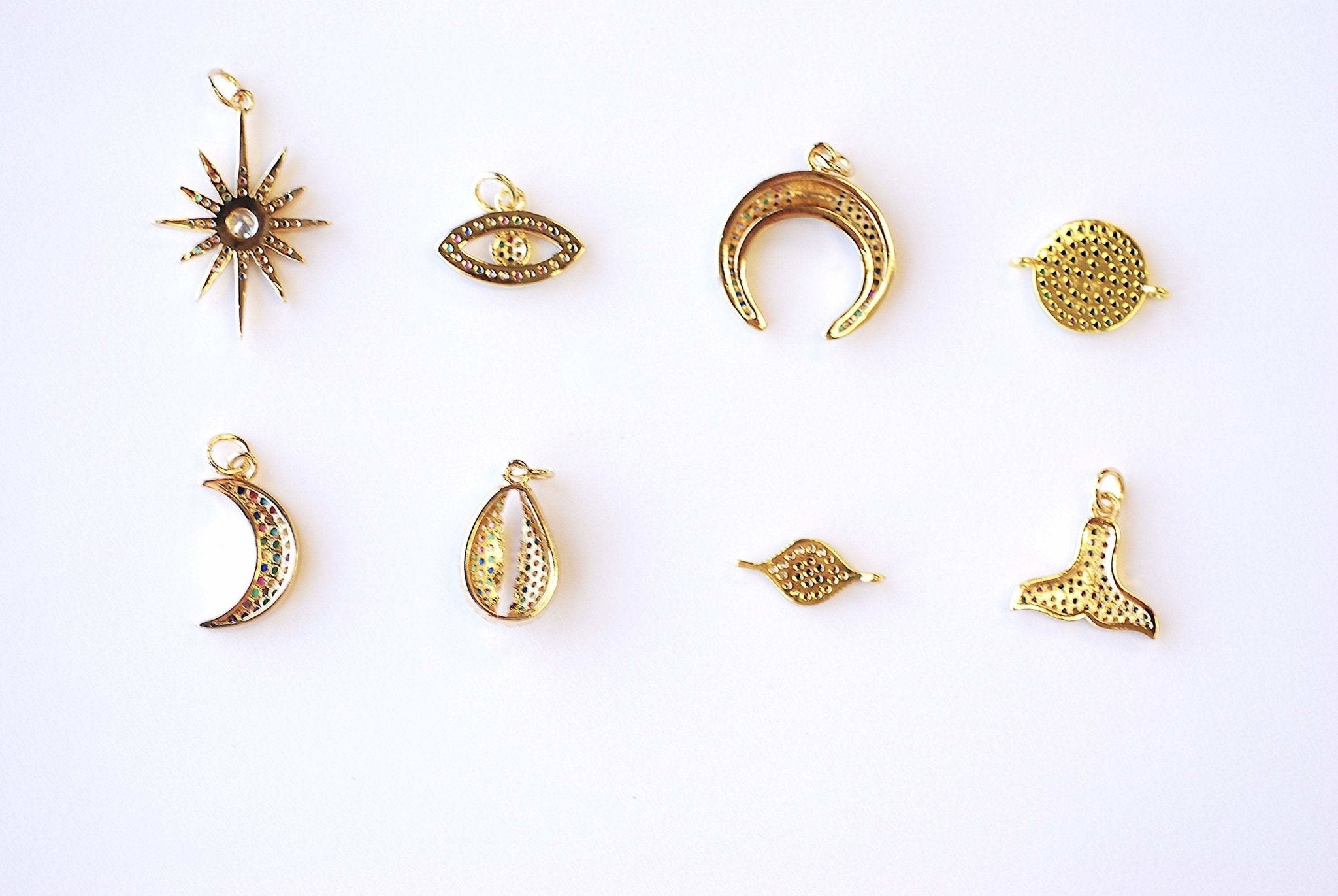 Micro Pave CZ Charms - 16k Gold plated Brass, Gold Double Horn Evil Eye Mermaid Tail Cowrie Cowry Crescent Moon, Rainbow CZ Charms - HarperCrown