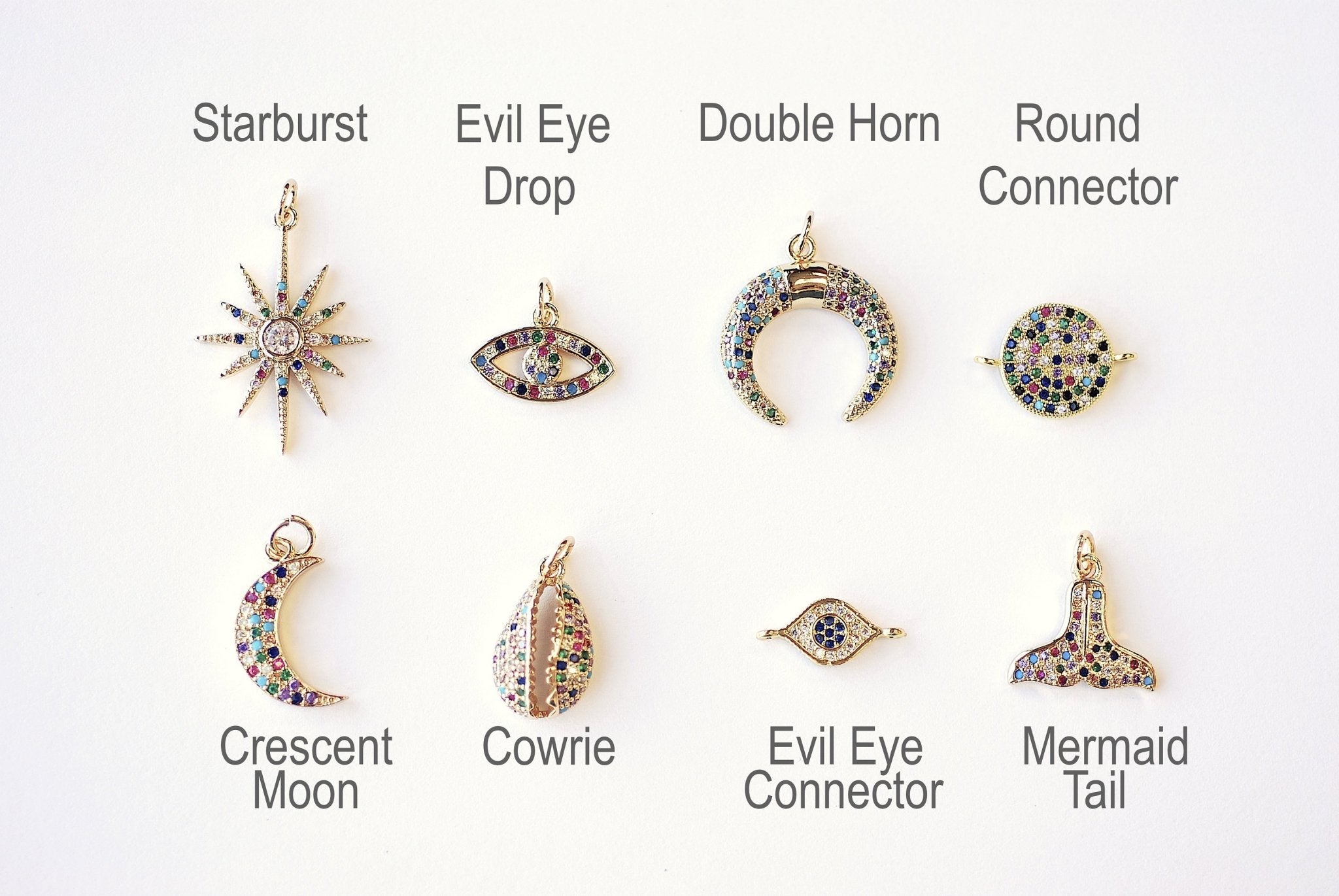 Micro Pave CZ Charms - 16k Gold plated Brass, Gold Double Horn Evil Eye Mermaid Tail Cowrie Cowry Crescent Moon, Rainbow CZ Charms - HarperCrown